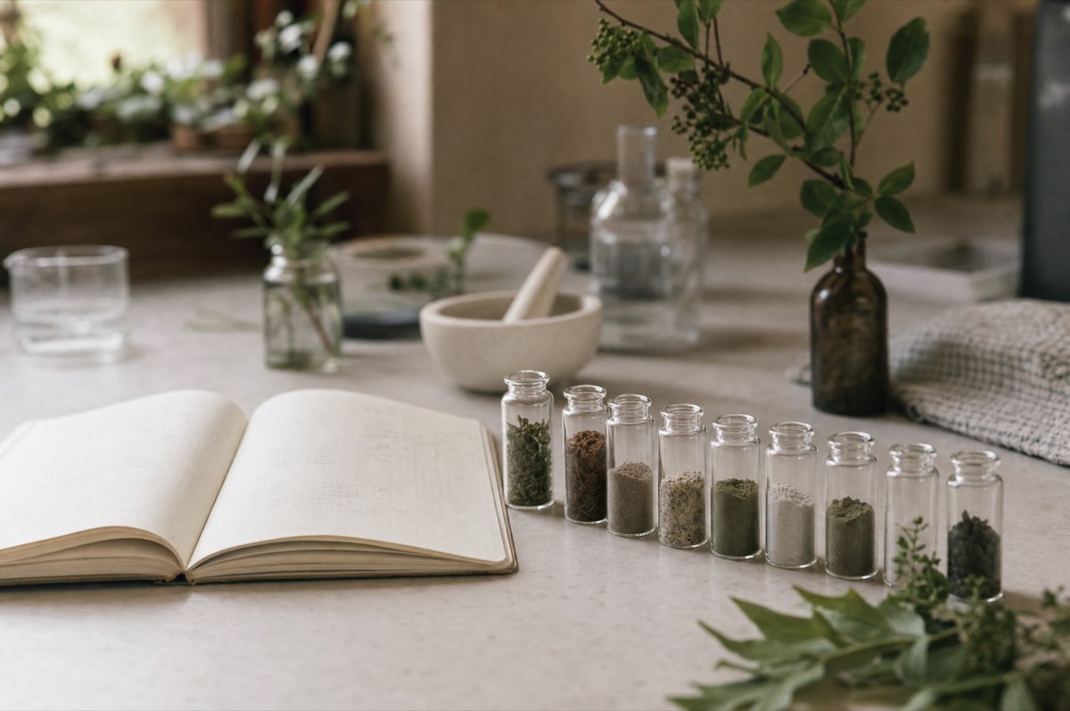 An open notebook and a row of unlabelled sample vials on a pale bench